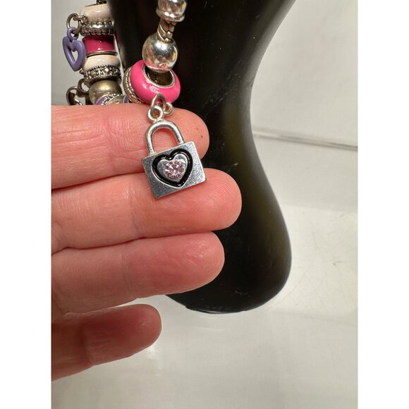 Silver Charm Bracelet Pink Purple Accents Heart Bag Pendants Design Womens - Picture 12 of 14